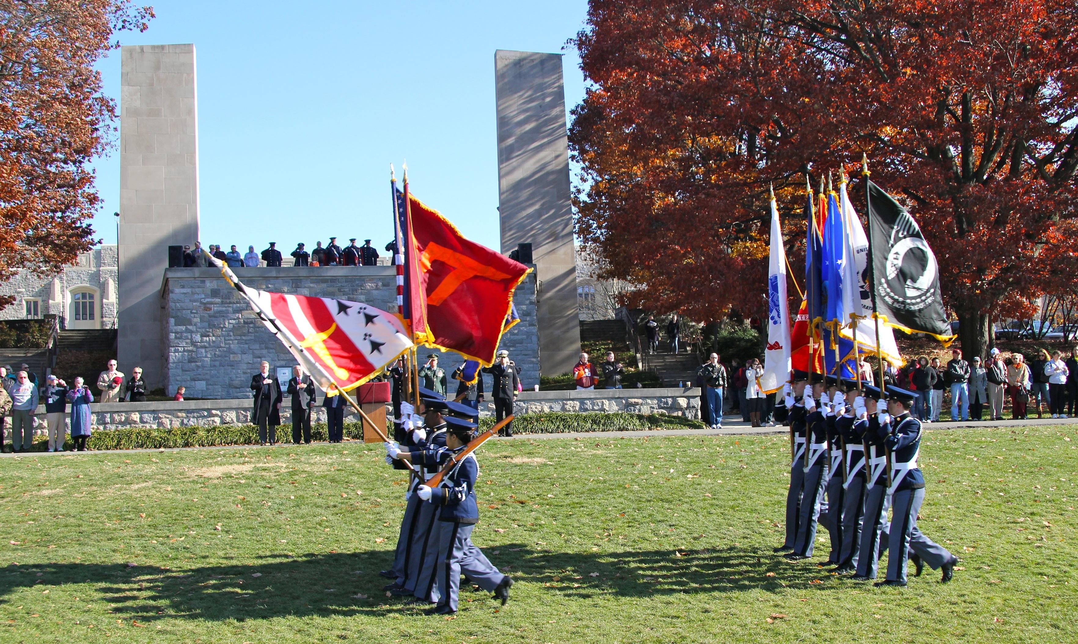 The Virginia Tech Corps of Cadets Color Guard marches in review past the War Memorial Chapel last November.
