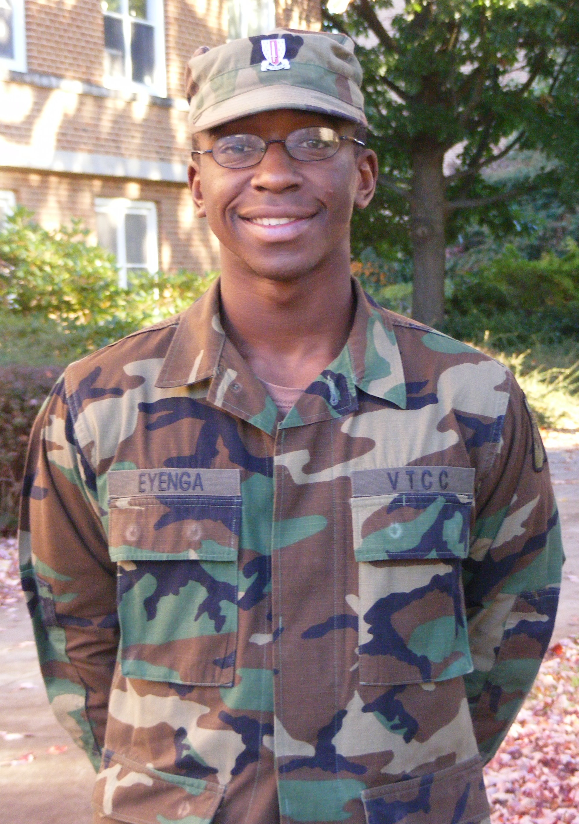 Cadet Frank Eyenga stands in front of Brodie Hall