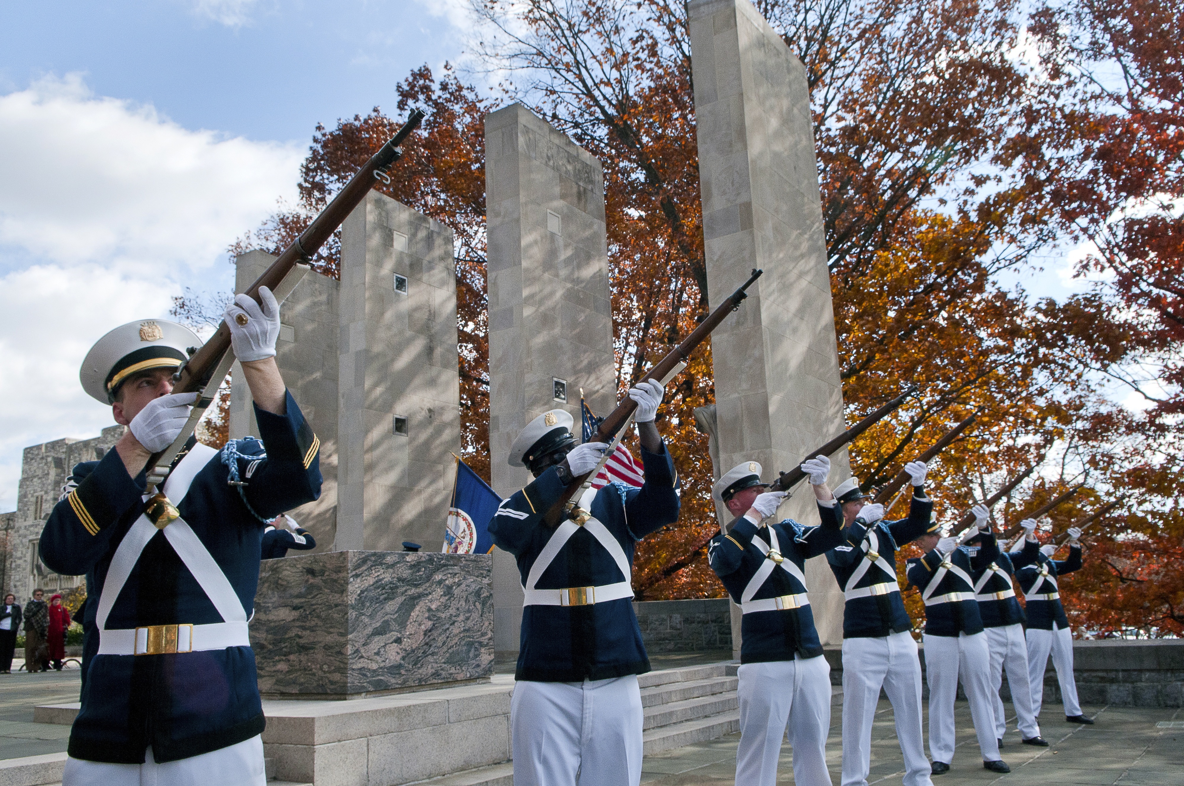 The Gregory Guard, the Virginia Tech Corps of Cadets rifle drill team, performing a rifle salute at the 2011 Veterans Day remembrance ceremony at the War Memorial.