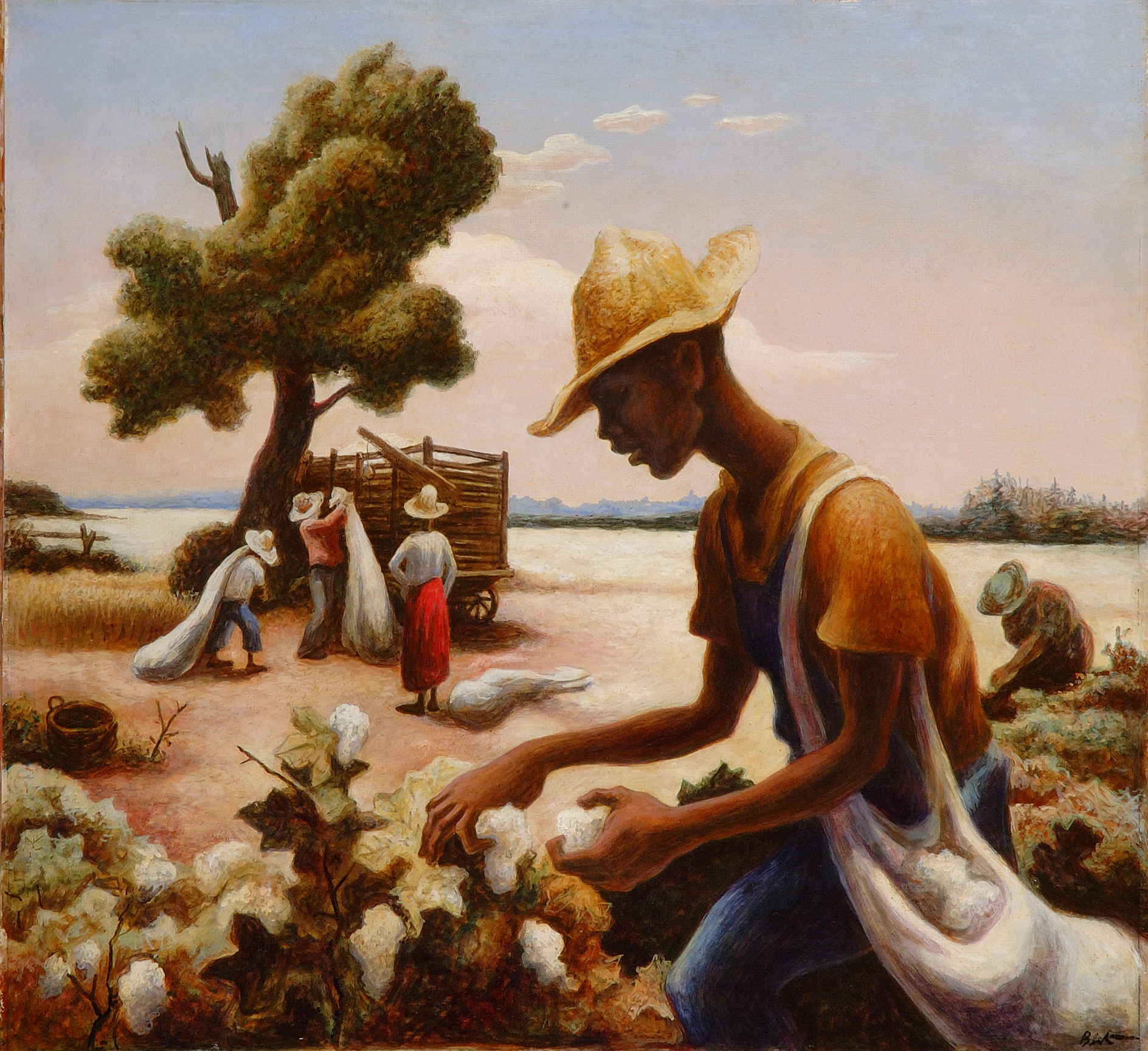 Painting of cotton pickers working in a field.