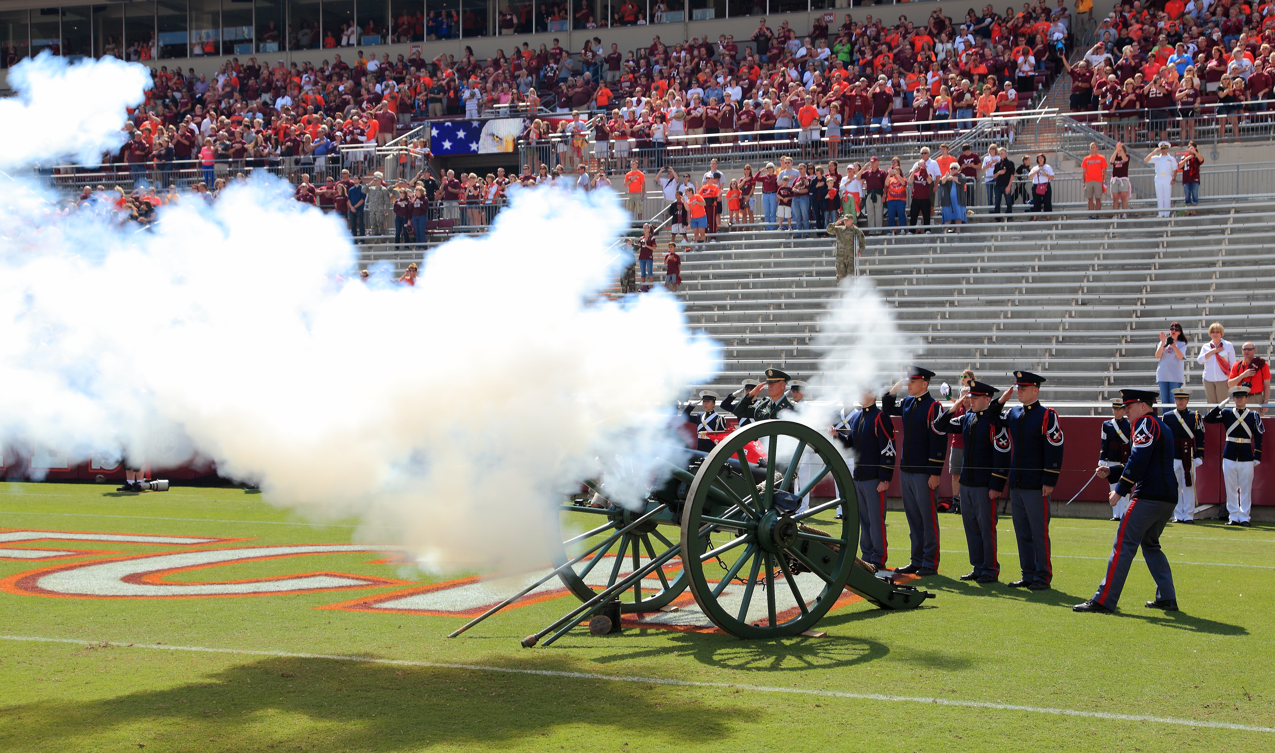 Skipper, the Corps of Cadets cannon, fires at the end of the national anthem prior to kickoff of the Bowling Green game in Lane Stadium.