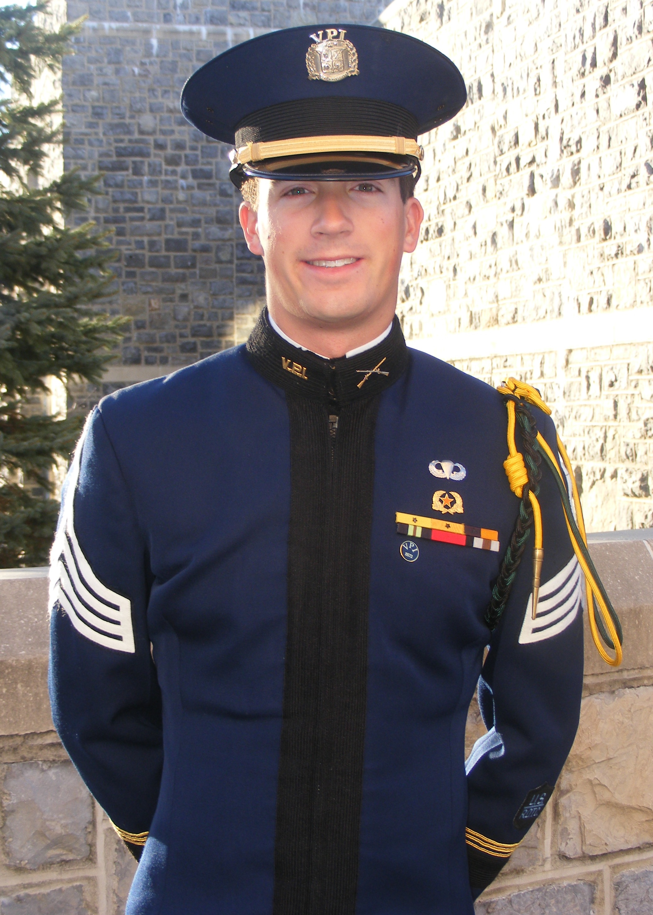 Cadet Jordan Gill outside Torgersen Hall