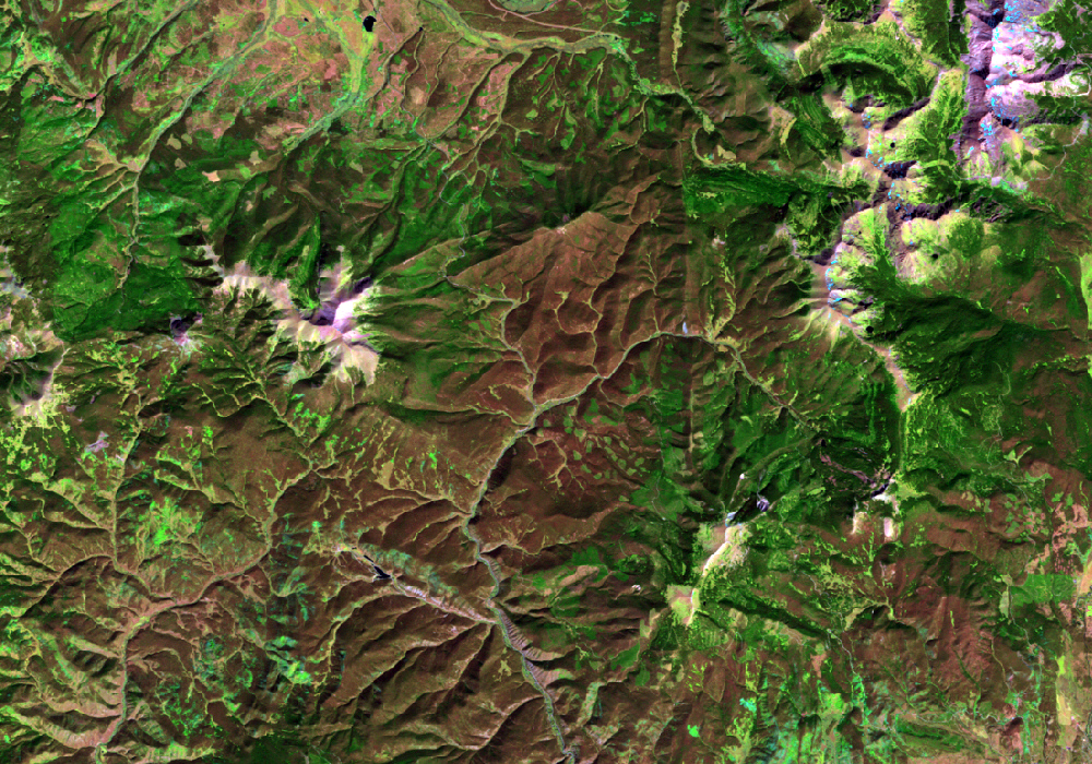 A satellite image of a portion of the Rocky Mountains