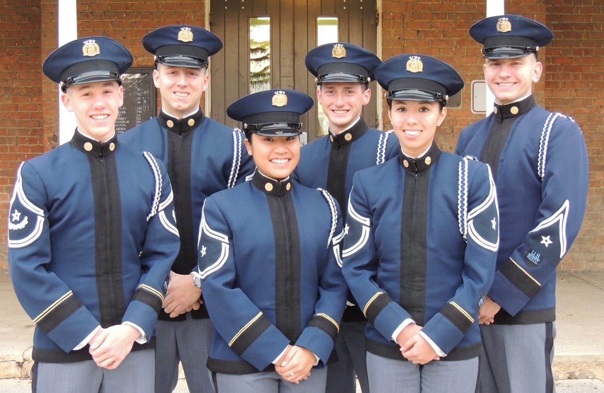 From left to right are Cadets Ryan Hager, Evan Baker, Ian Tillotson, Zachary Bird, Catherine Grizzle, and Joanna Cruz in front of Lane Hall.