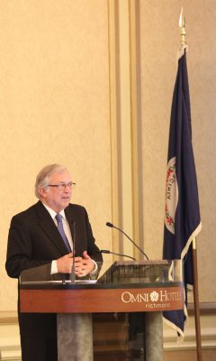 Virginia Tech President Charles W. Steger gives a speech at the recent Governor’s Conference on Agricultural Trade.