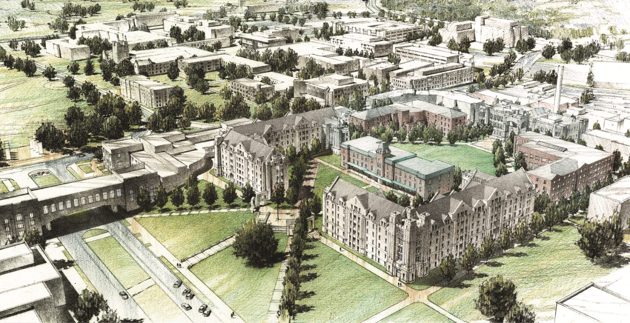 Four firms competed in a design competition to describe the Upper Quad and possible configurations for new residence halls and a new administration building. This rendering shows one of the concepts. 