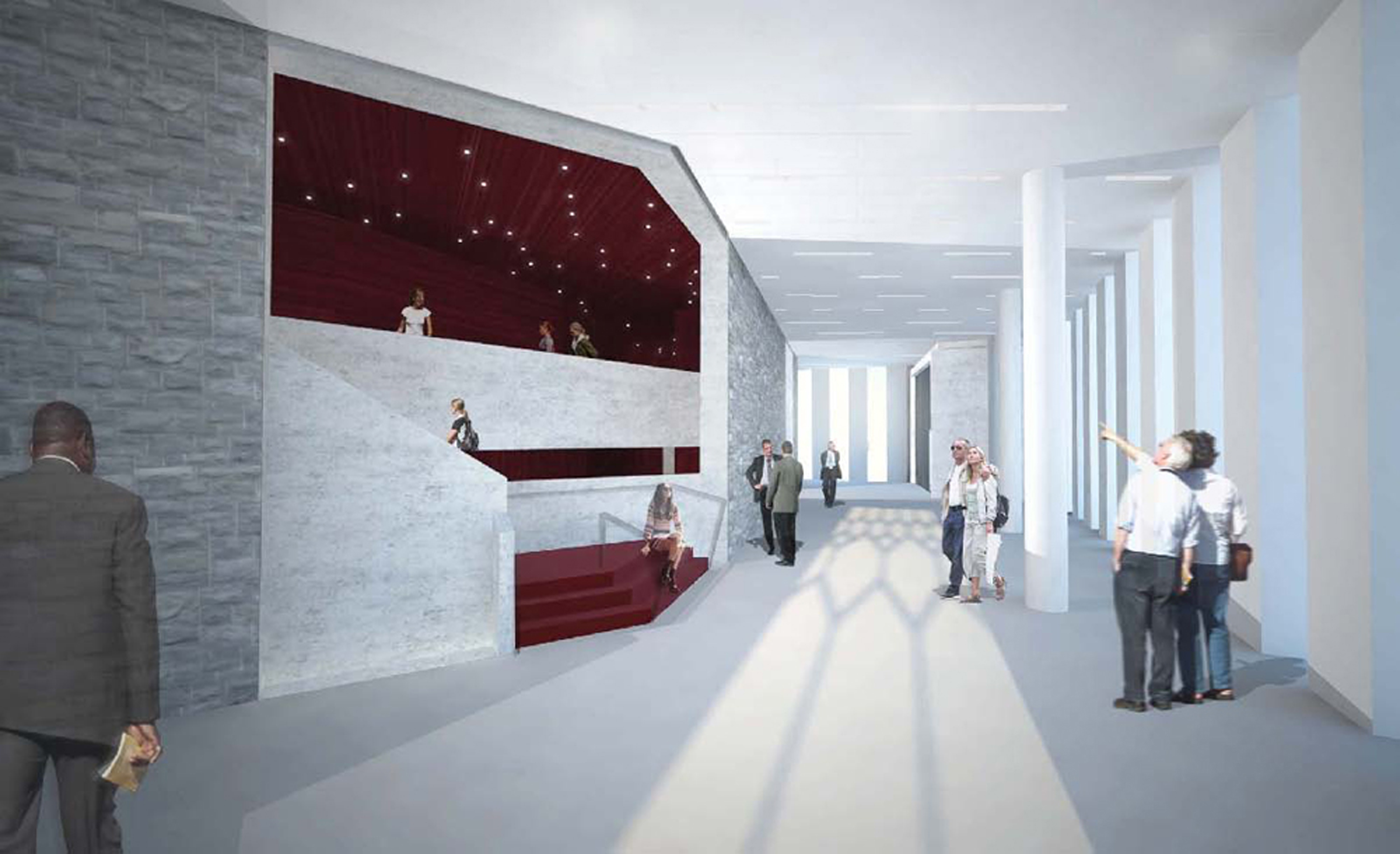 An architect's rendition of the lobby in the Street and Davis Performance Hall within the Center for the Arts at Virginia Tech