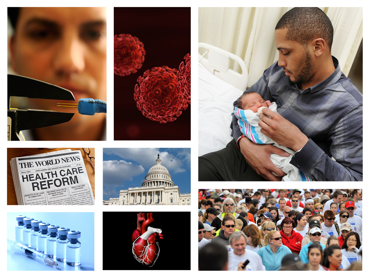 A collage of images related to translational medicine, including a heart, the Capitol Building, and a crowded city sidewalk