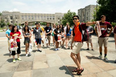 Students are guided on a campus tour during orientation.