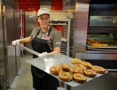 Students can pick up a bagel and coffee at the first university-run Bruegger’s Bagels.