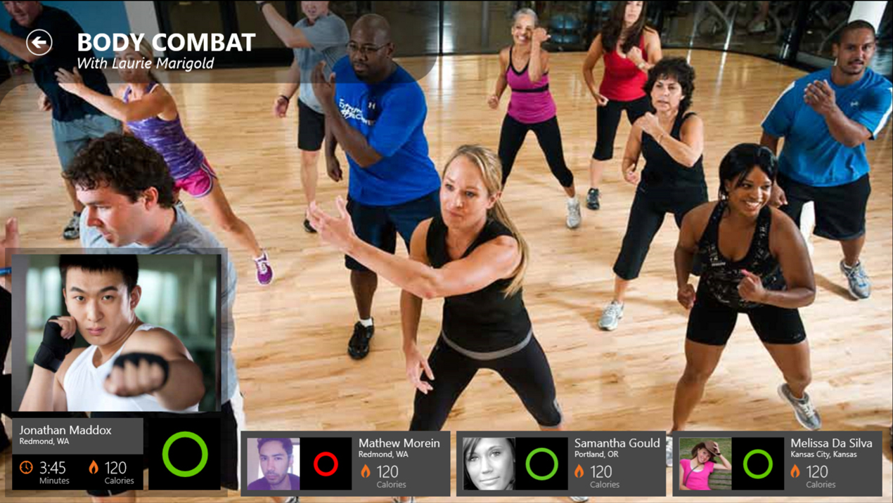 Screen capture of FitNet software - an exercise class is in progress on the main video feed, and links to other participants are shown across the bottom of the screen.