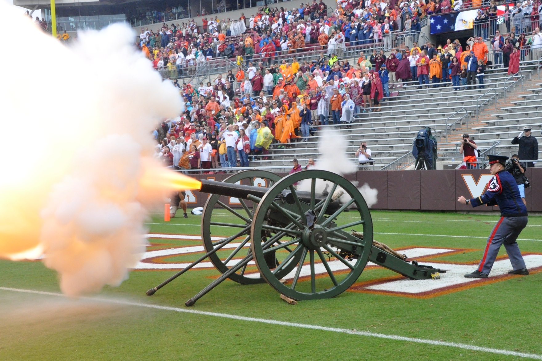Skipper, the Virginia Tech Corps of Cadets cannon, firing during the National Anthem at a football game