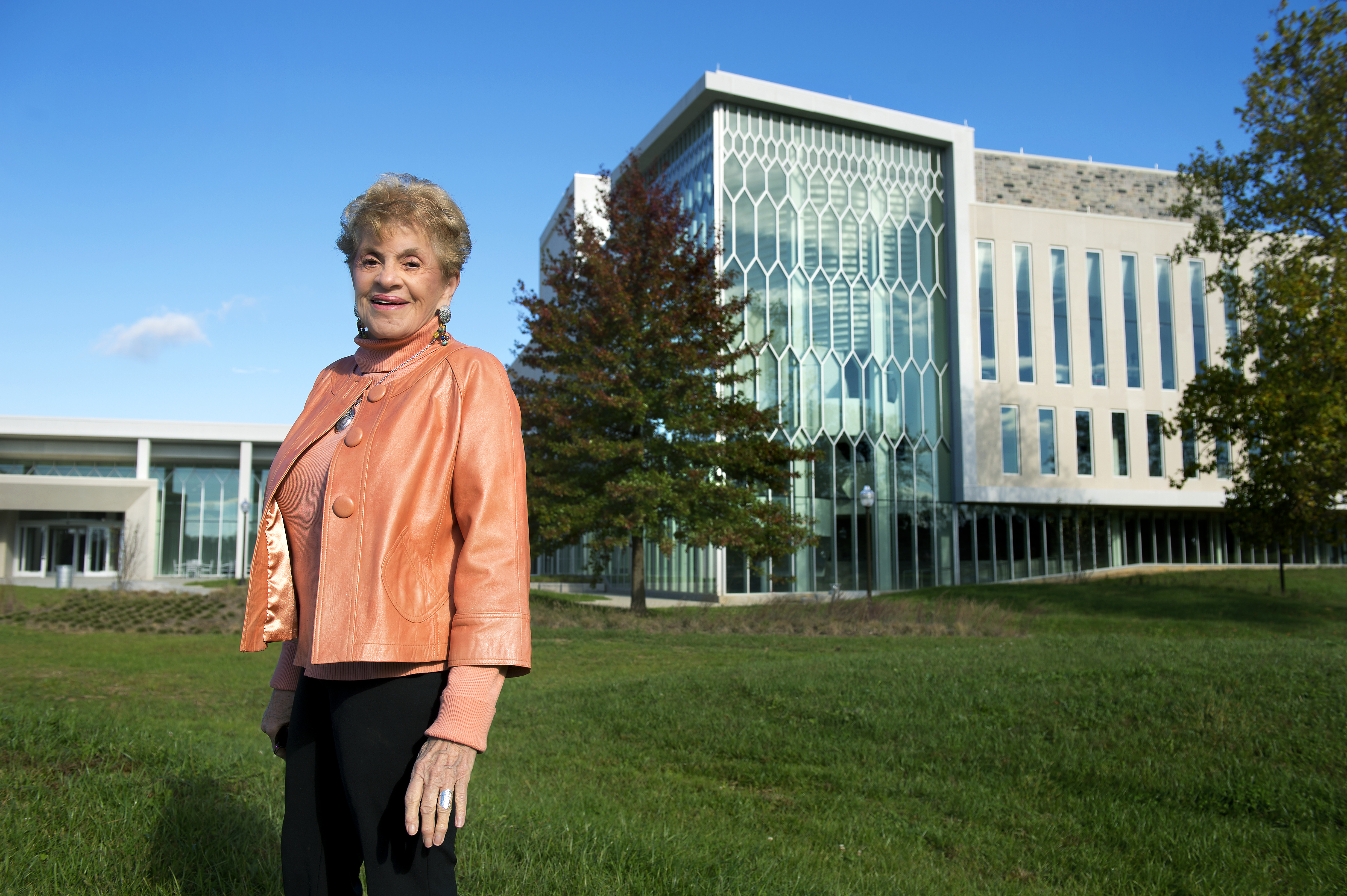 Patricia Buckley Moss stands outside the Moss Arts Center at Virginia Tech.