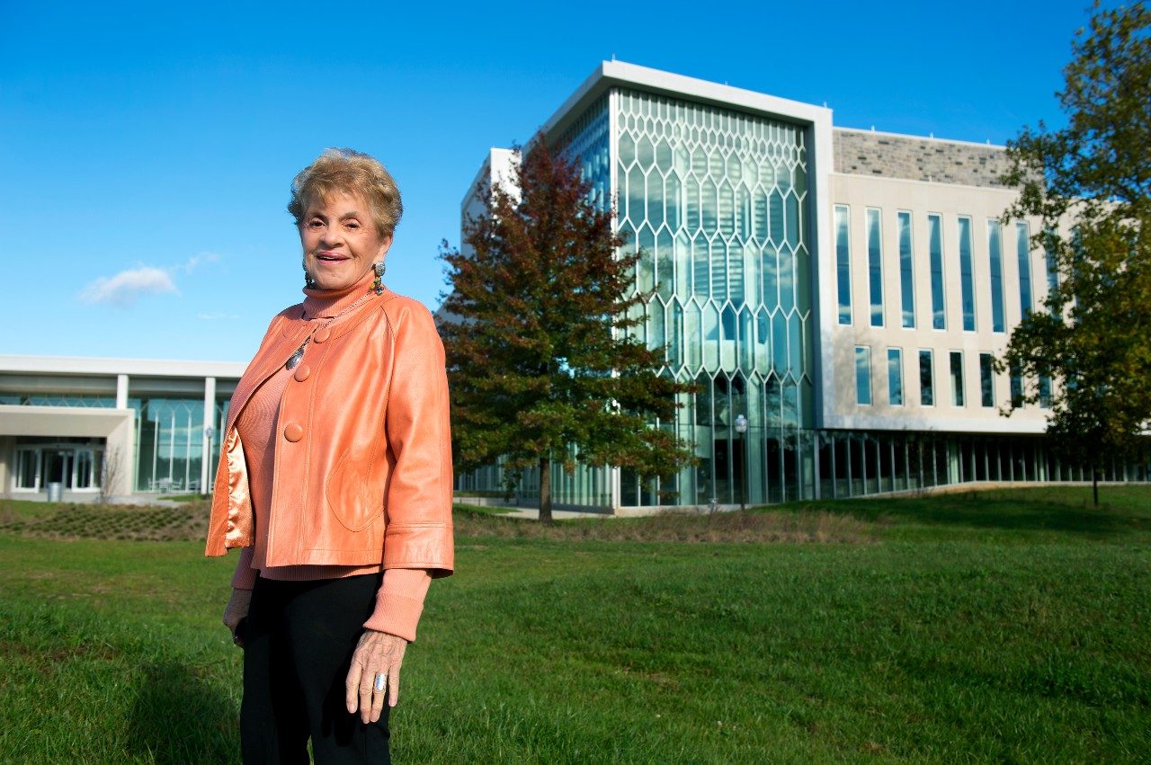 Patricia Buckley Moss stands outside the Moss Arts Center at Virginia Tech.