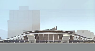 Computer rendering of an elongated transportation facility with a gracefully arched facade. 
