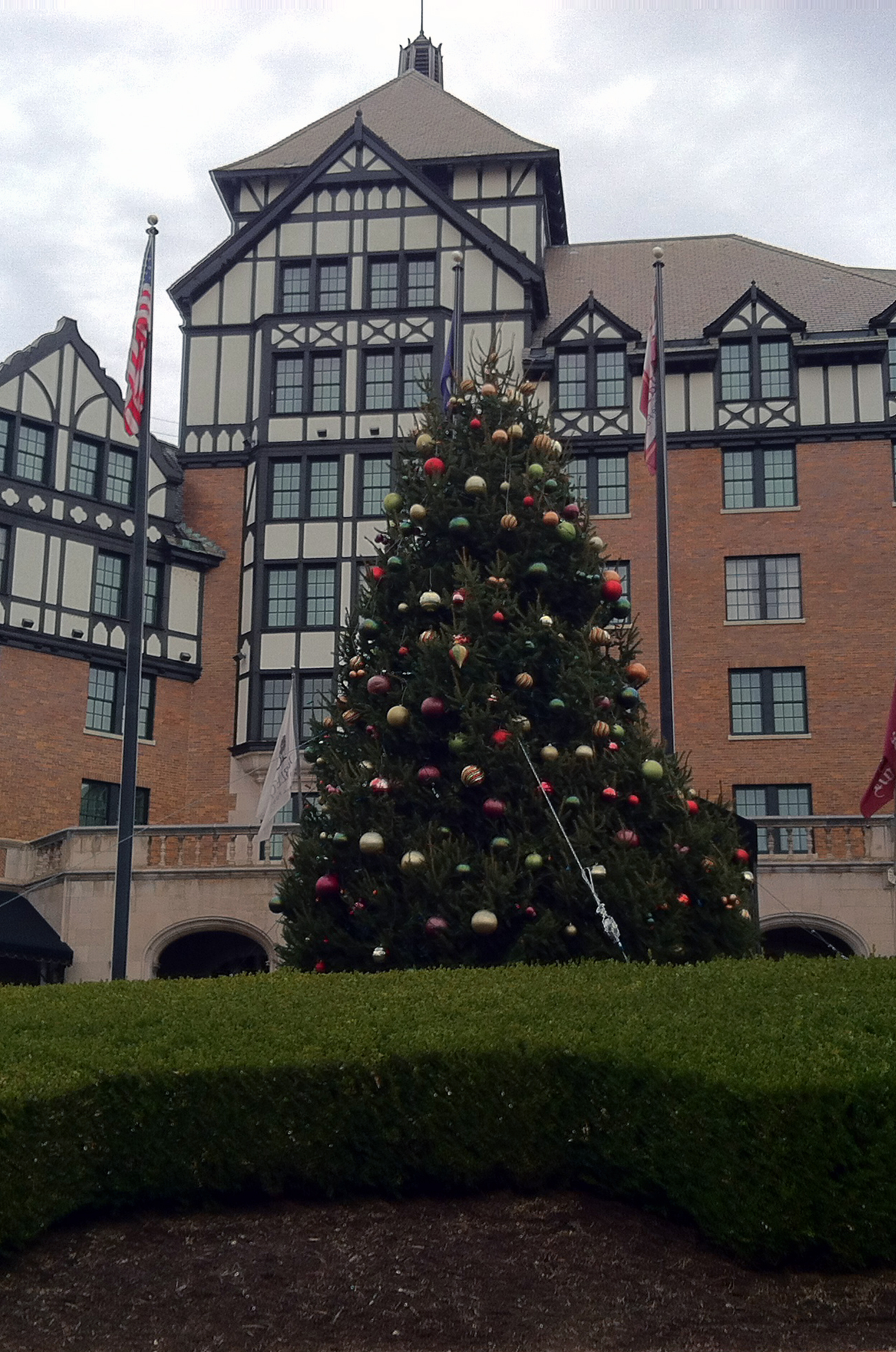A decorated tree is displayed outside the hotel.