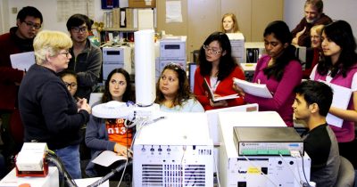 Virginia Tech engineering students learn how to use analytical equipment.