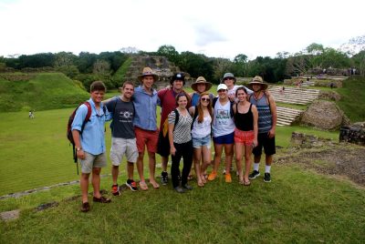 While on a service trip to Belize, Erin Helbling, front row, third from left, and fellow Hokies visited the Mayan ruins of Altun Ha. 