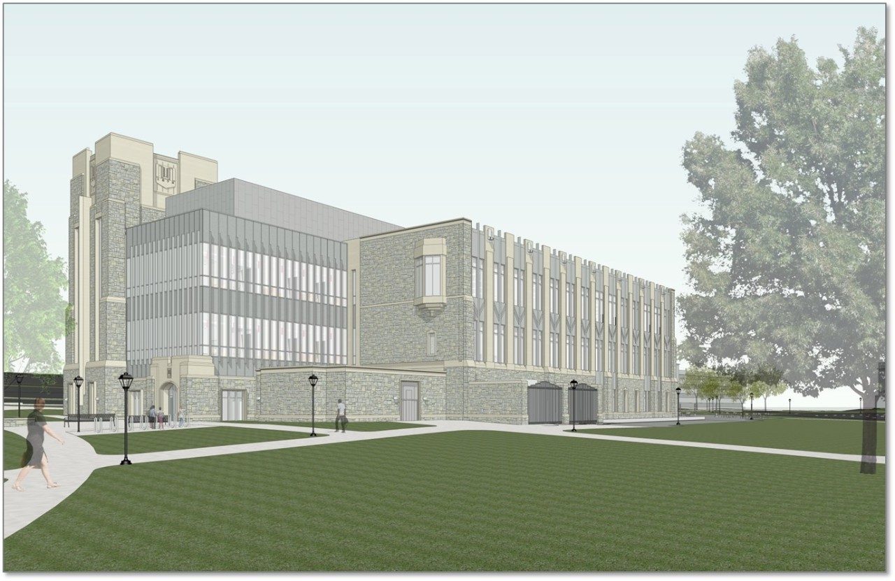 Architectural rendering of the new classroom building from the southwest.