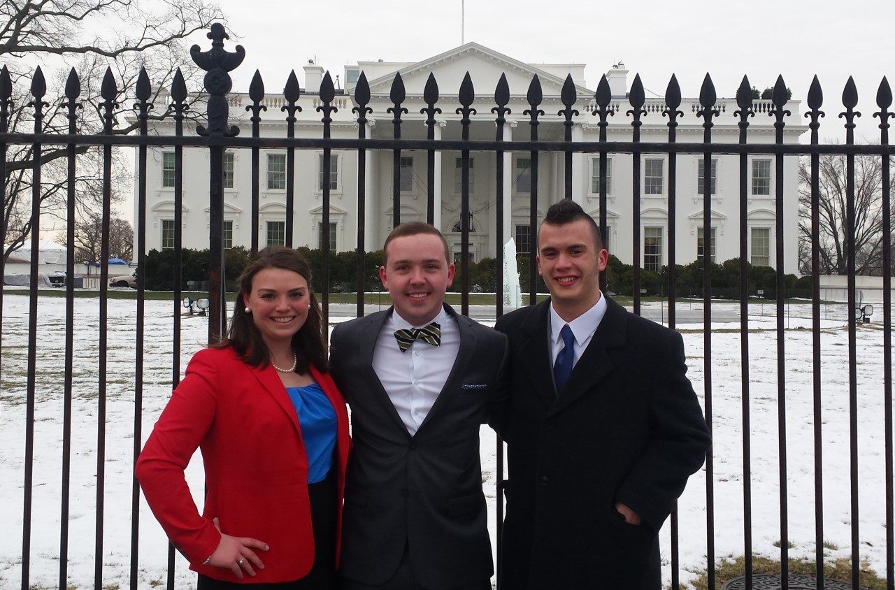 Virginia Tech students Sarah McKay, Austin Larrowe, and Wes Williams pose outside of the White House during the Truman Scholarship finalist interview process, which took place on March 6 in Washington, D.C.