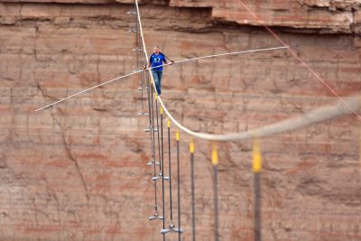 Tightrope walker Nik Wallenda crossed the Grand Canyon as part of Discovery Channel’s record-breaking live broadcast, "Skywire Live with Nik Wallenda," in summer 2013. Photo courtesy of Discovery Communications.