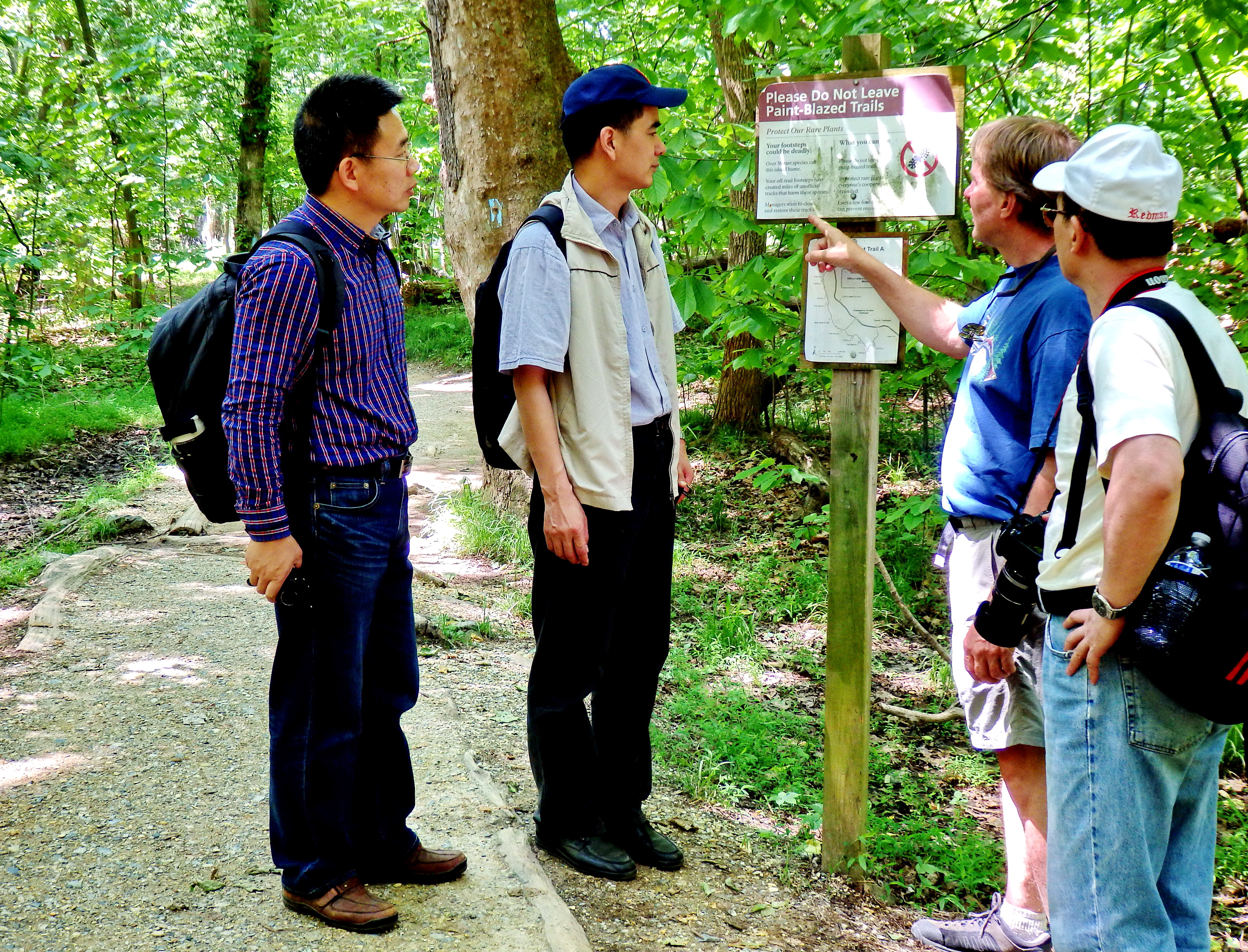 Four people looking at a trail sign in the forest