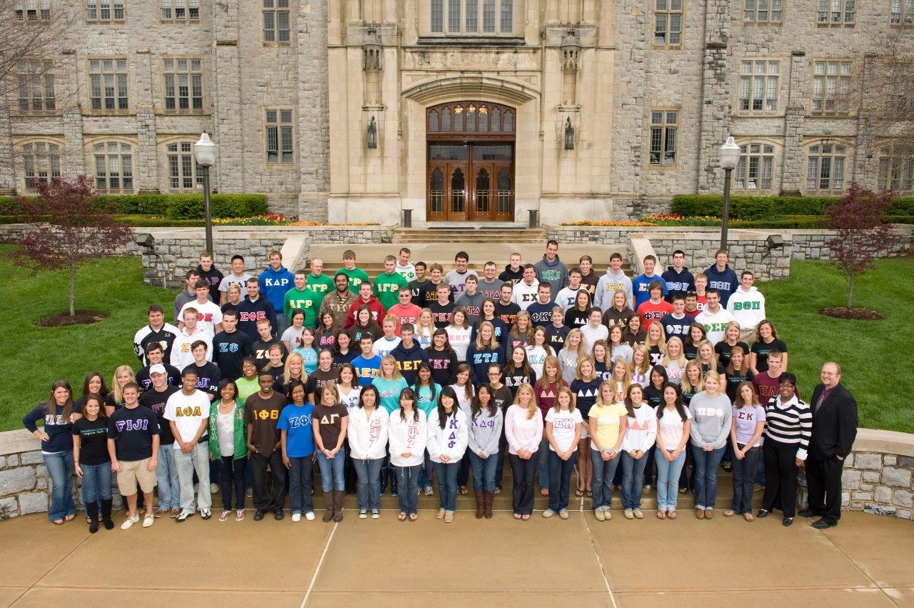 Members of Virginia Tech's fraternities and sororities gather outside Burruss Hall. There more than 4,300 students involved in fraternities and sororities at Virginia Tech.