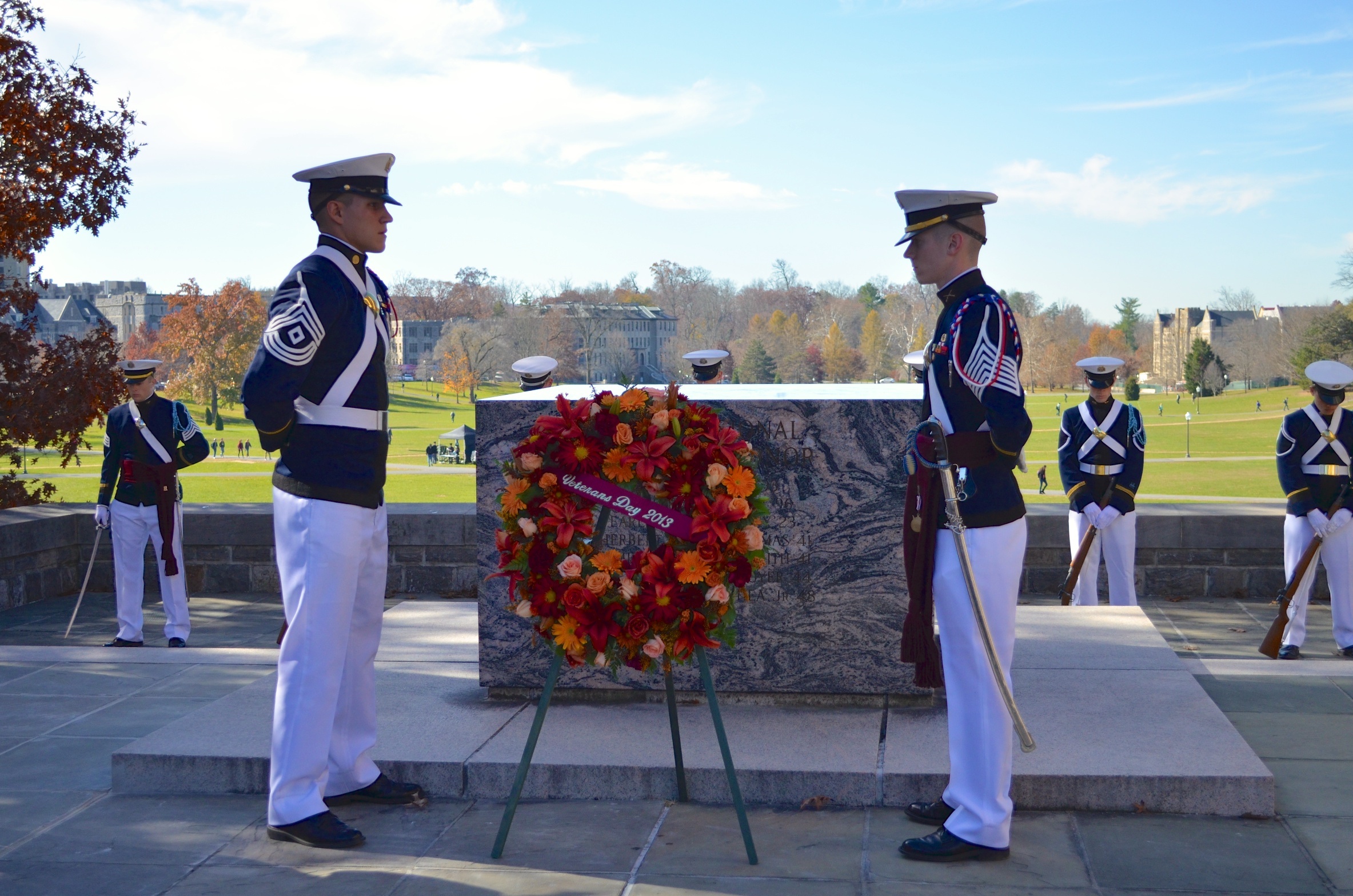 Presentation of the memorial wreath at Veterans Day Ceremony in November 2013 at the Pylons.
