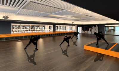 Digital rendering of women weight training in a fitness studio with dark floors and ceiling. 