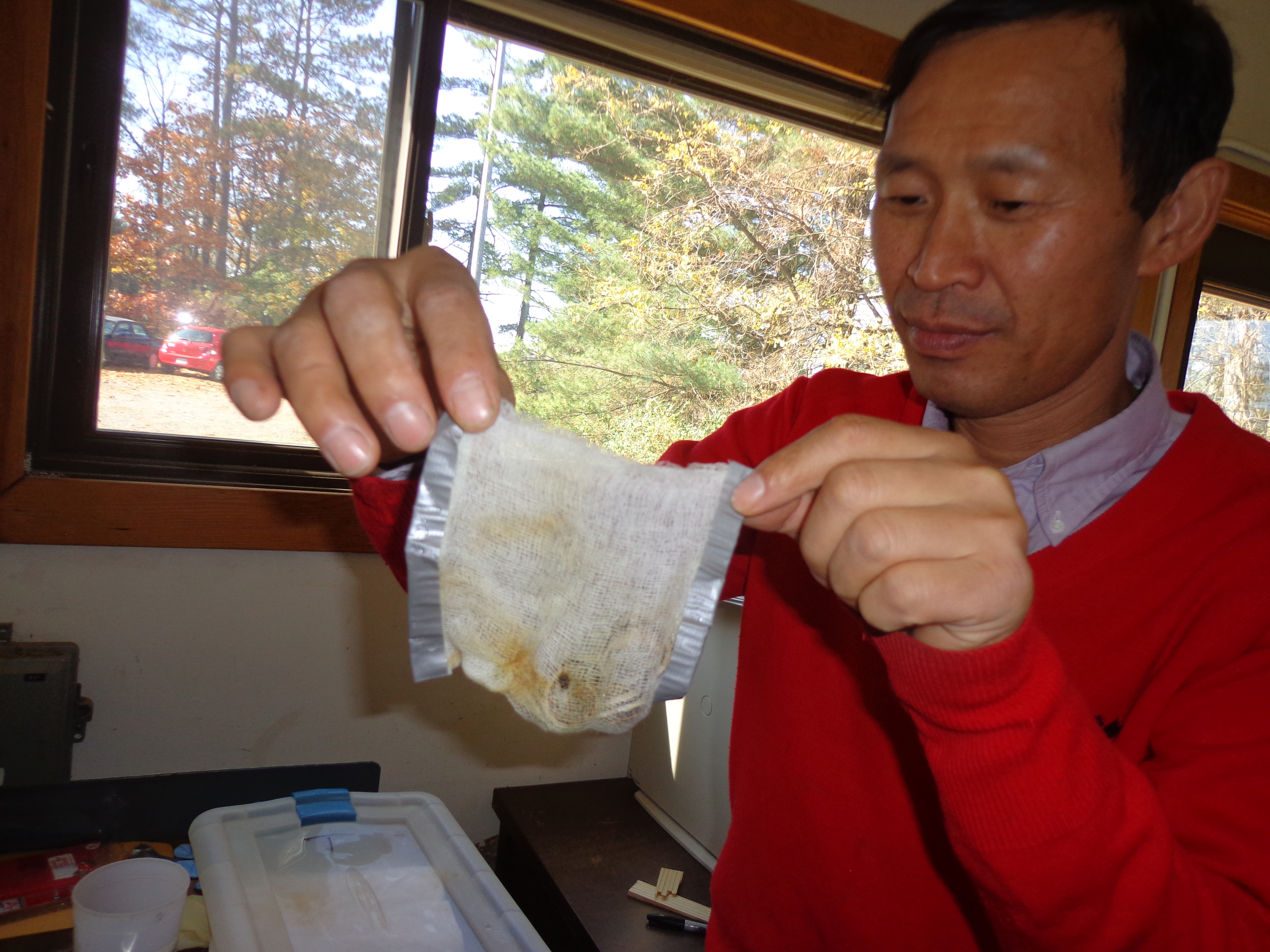 Zhangjing Chen holds a small cheesecloth bag containing snails.