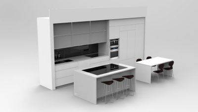 A rendering of a white, modular kitchen.