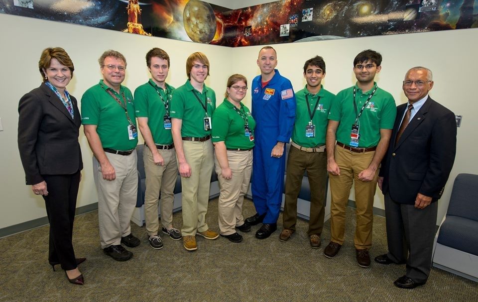 Team ARES members and current Virginia Tech students Christopher Dobyns and Anna Montgomery, fourth and fifth from left, worked with NASA and Lockheed Martin to study space flight radiation exposure.