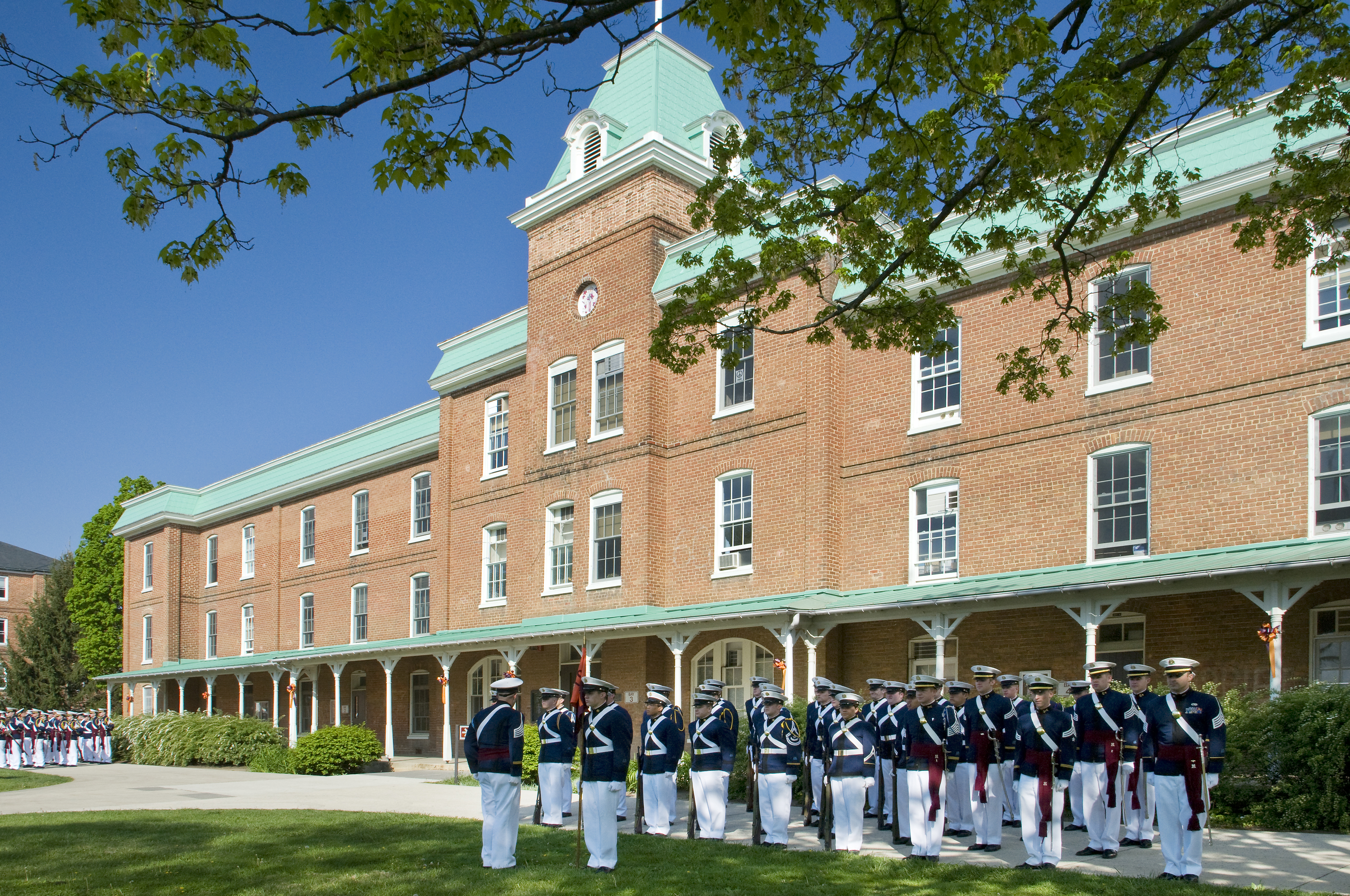 Corps of Cadets stand formation outside of Lane Hall