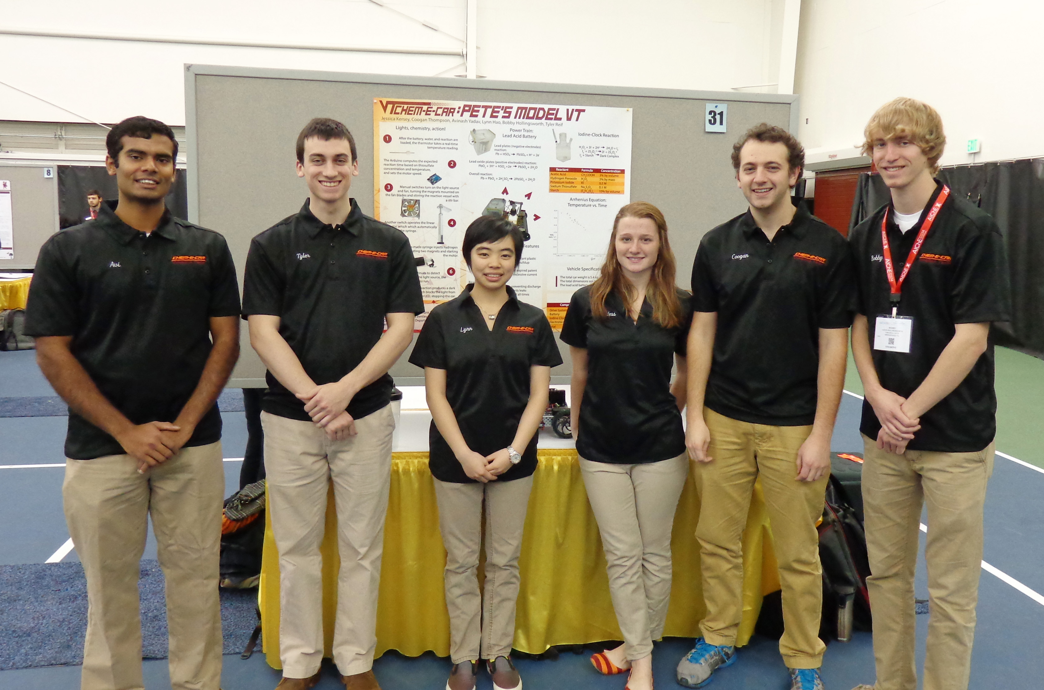 From left to right are the members of the Virginia Tech Chem-E Car Team: Avinash Yadav, Tyler Reif, Yining Hao, Jessica Kersey, Coogan Thompson, and Bobby Hollingsworth. 