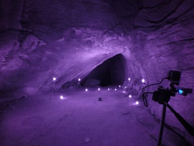 Infrared lights illuminate a cave exit in the mountains of Shandong, China