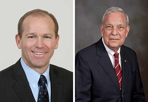 Photograph of Virginia Tech 2015 Alumni Distinguished Service Award recipients David Calhoun and Harold “Hal” W. Schneikert Jr.