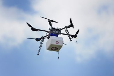 The Flirtey drone lowered the package of medical supplies via tether after arriving at the fairgrounds. 