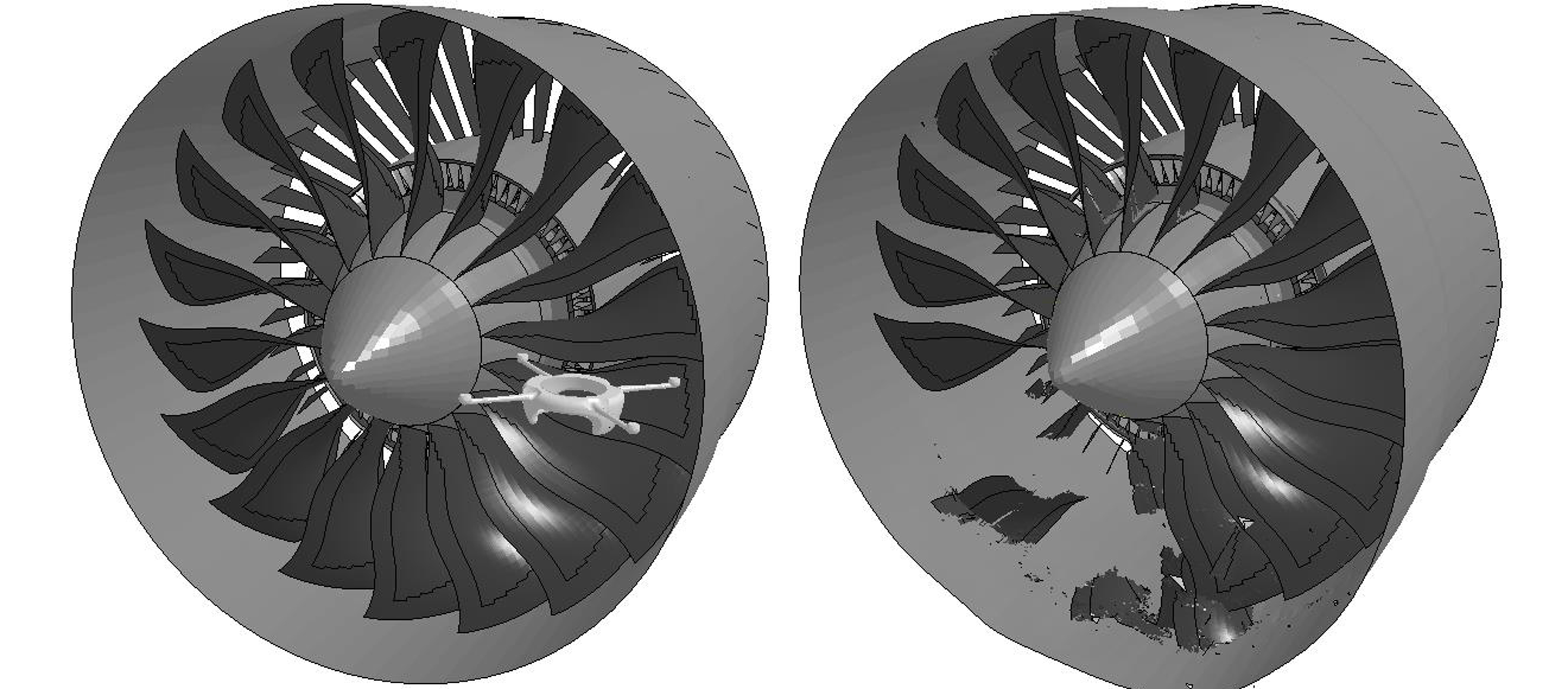 CAD image of jet engine struck by done