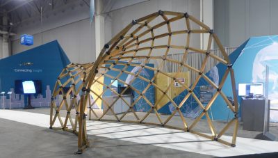 This completed structure from the Virginia Tech Center for Design Research was on display in the Autodesk University Exhibition Hall in Las Vegas.
