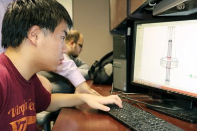 Xiaofan Li, a graduate student from Beijing, China, is part of the ocean wave energy harvesting project. Here he creates models of the harvester through the use of computer aided design software.