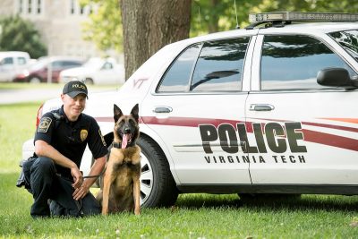 Virginia Tech Police Officer Austin Sumners is Nero’s handler. Nero is a Belgian Malinois and a bomb detection dog