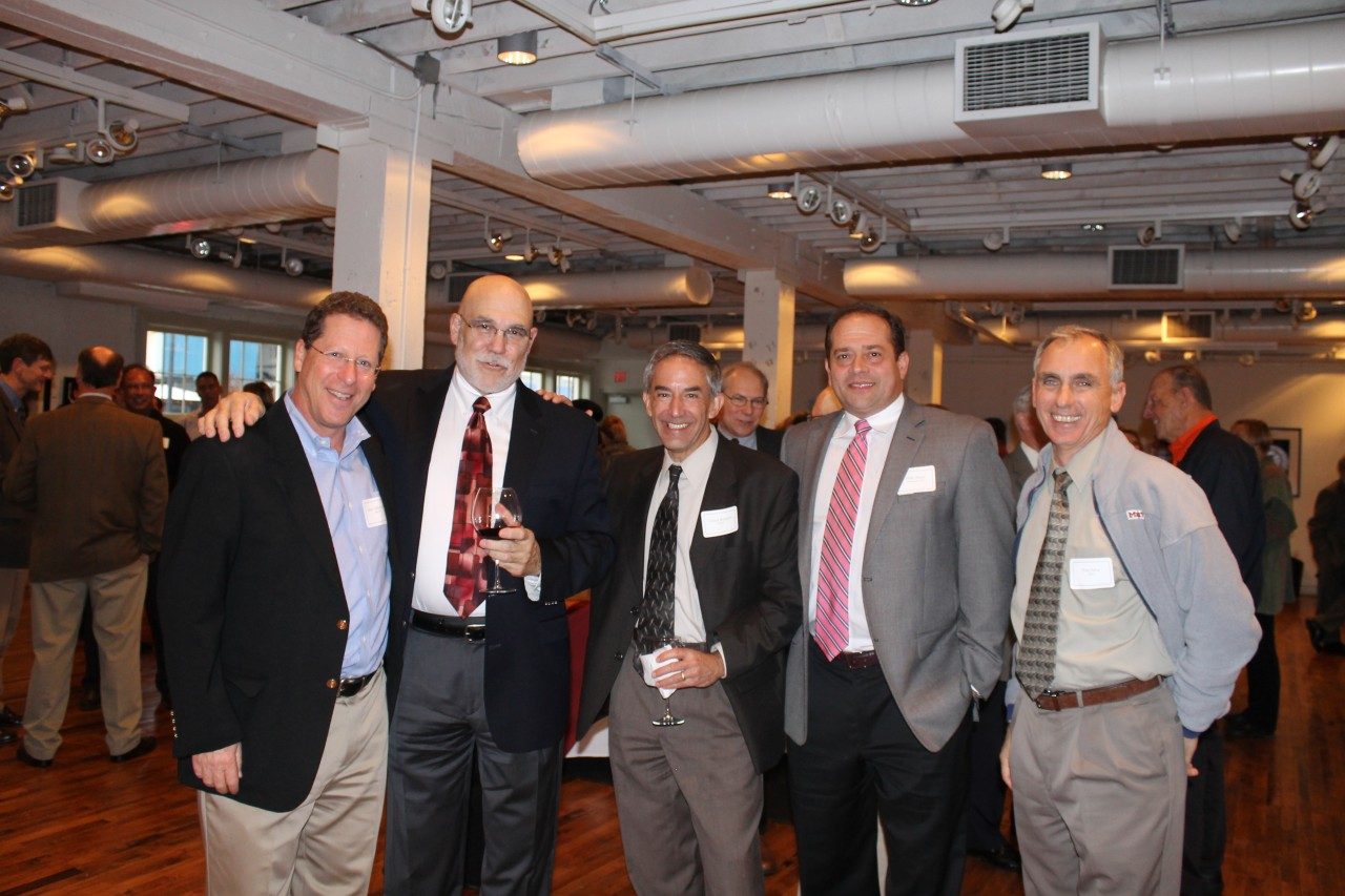 Left to right: Steve Silberstein, Tom Grizzard, Chuck Boepple, Mike Moon, and Tom Faha at Grizzard's retirement party in 2014.