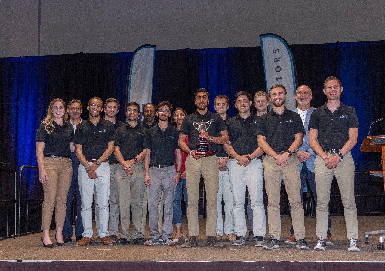 Victor Tango AutoDrive Team with their third-place trophy. Photo courtesy of SAE International.