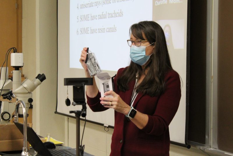 A woman wearing a face make stands in front of a large screen, holding a small box in one hand and a small handheld microscope in the other.