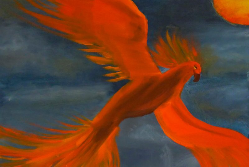 Painting of an orange phoenix soaring against a blue background