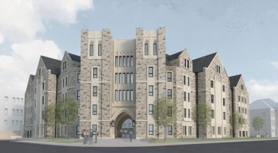 Exterior rendering of new Upper Quad Residence Hall 