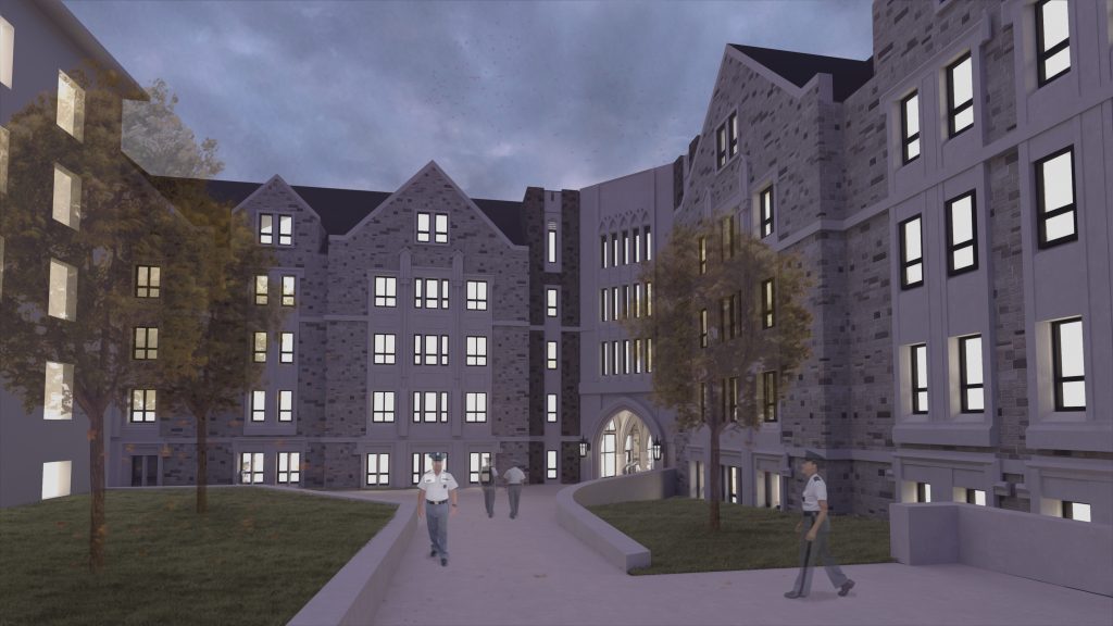 Upper Quad Residence Hall interior courtyard rendering.