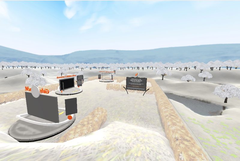 A screenshot of the application Virtual Sculpture Garden shows a series of research projects represented by screens, nestled in a landscape of grass and trees surrounded by blue sky.