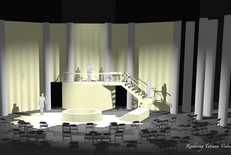 This shows a rendering of the set design for Pelléas et Mélisande, showing computer-generated actors up on a platform in front of pillars. Chairs are scattered throughout the scene facing the paltform.