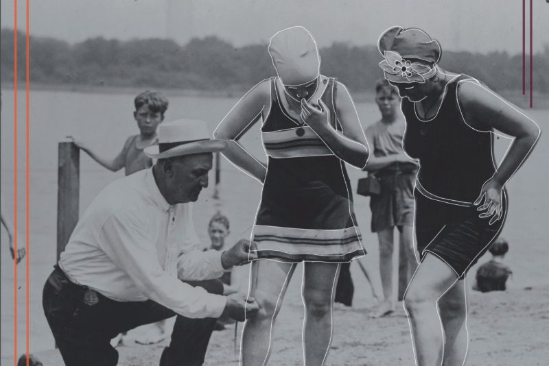 A historical photo of a man measuring the length of a skirted bathing suit on a female beachgoer.